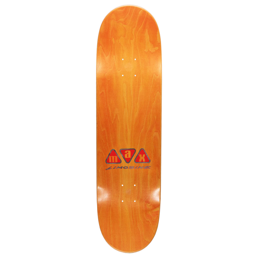 A LIMOSINE skateboard with an orange LIMOSINE logo on it, designed by Max Palmer.