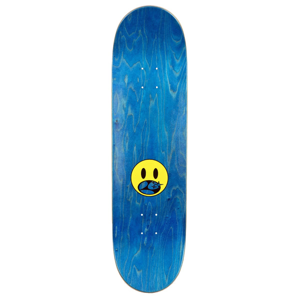 A blue LIMOSINE skateboard with a smiley face on it, featuring a high-quality digital print.