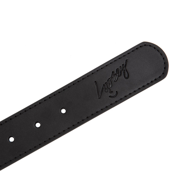 A black LOOSEY faux leather belt with an embossed logo on it.