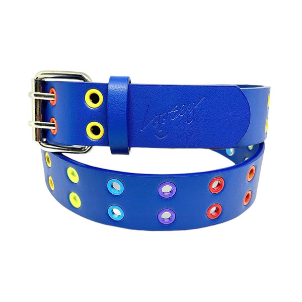 A blue LOOSEY faux leather belt with colorful studs in a LOOSEY stud belt design.