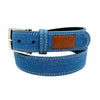 The LOOSEY JELT by Loosey is a blue denim belt featuring white stitching, a silver buckle, and a brown faux leather patch, highlighted with striking gold grommet rings.