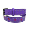 The LOOSEY MEDIEVAL PURPLE belt from Loosey features a silver buckle, striking red dragon graphics, and a signature on the loop. The silver studs add an edgy flair to this bold accessory.