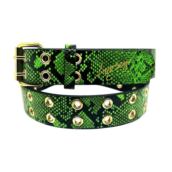 LOOSEY SNAKE SKIN GROMMET GREEN by Loosey is a green belt with a snake pattern, adorned with silver rivets and a gold buckle, and features cursive text on the strap.
