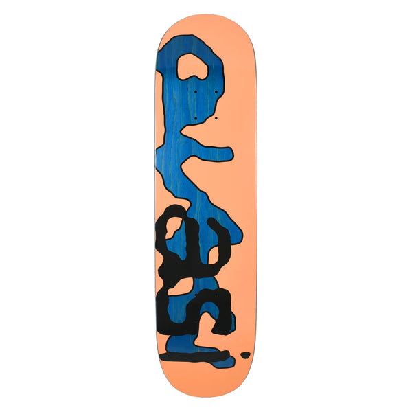 A QUASI skateboard with blue and orange writing on it, inspired by the Josh Wilson Pro Model and featuring a chrome foil bottom.