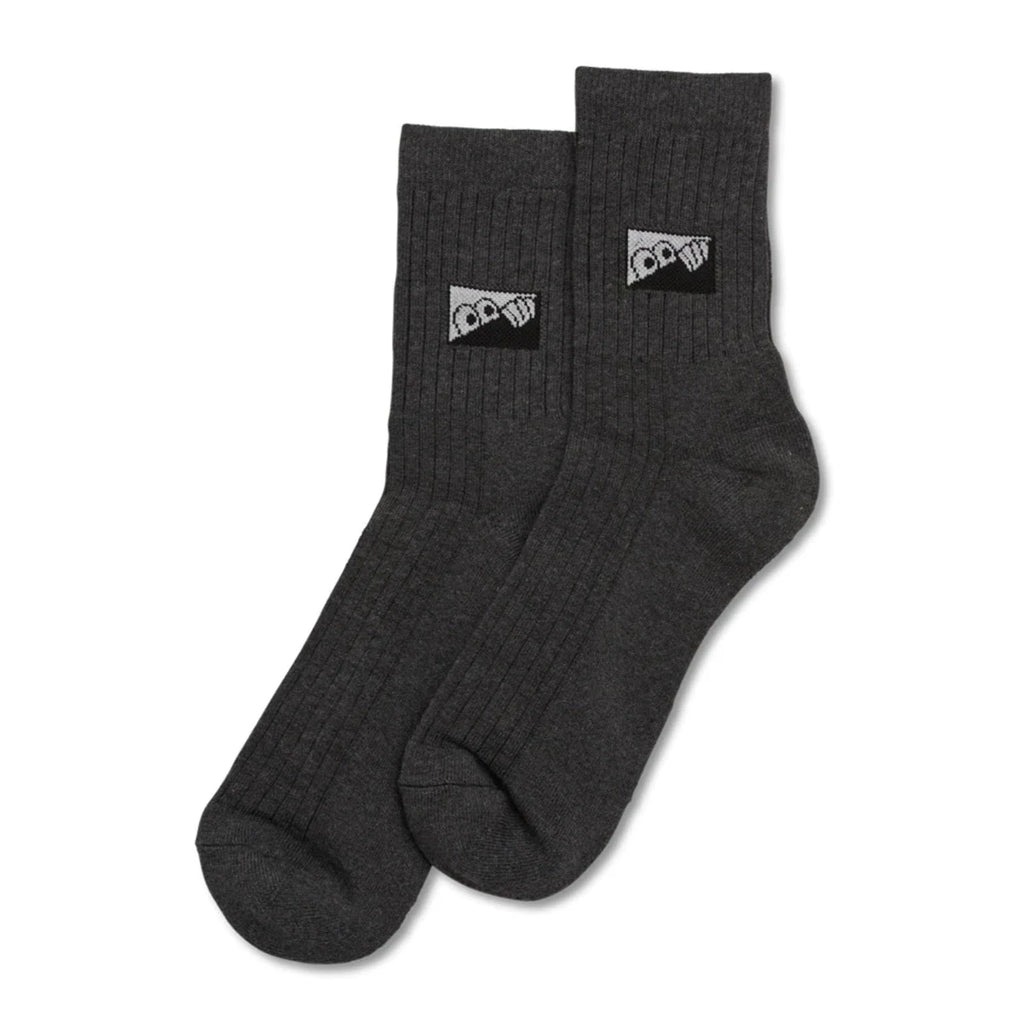 A pair of LAST RESORT HEEL TAB DRESS SOCKS GREY with a logo on them.