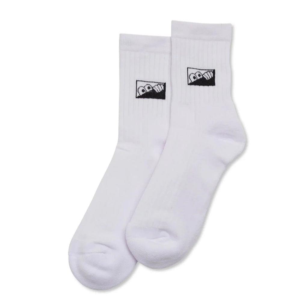 A pair of Last Resort Heel Tab Dress Socks White with a black logo on the heel tab.