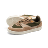 Introducing the LAST RESORT AB CM002 TACTILE GREEN by Last Resort AB: a pair of athletic sneakers in brown and green featuring white soles, mesh panels, and brown suede accents. These sleek sneakers are finished with black leather details for an enhanced sense of style.