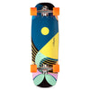 The LOADED BALLONA WILLY 27.75" COMPLETE skateboard, perfect for urban commuting, features a colorful geometric design with orange wheels and includes blue circles along with curved patterns in various shades on the deck.