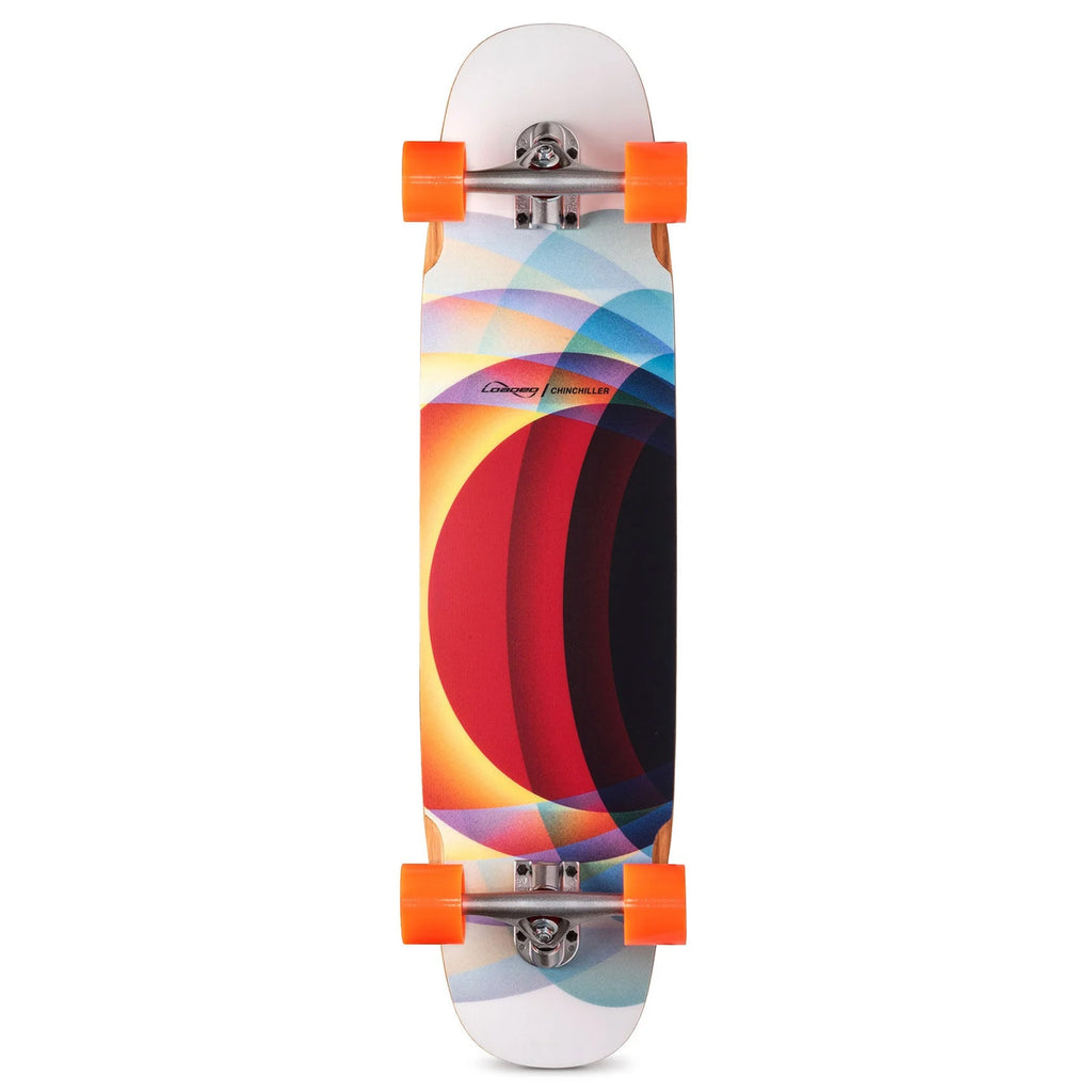 A LOADED CHINCHILLER 34" COMPLETE by Loaded, featuring a colorful geometric design on the deck and orange wheels, perfect for urban commuting.