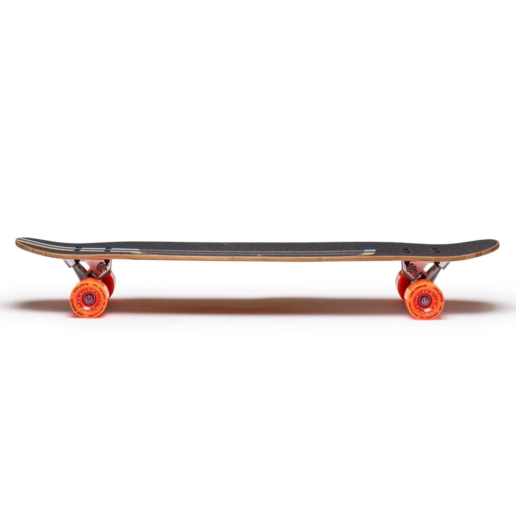 Side view of a Loaded Chinchiller 34" Complete skateboard with a black deck and bright orange wheels, perfect for urban commuting.