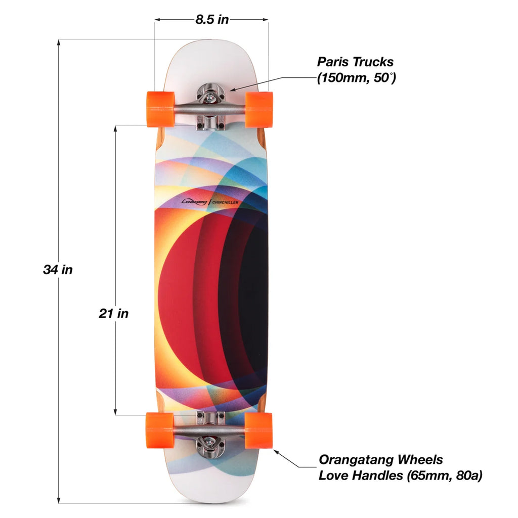 Top and side measurements of the LOADED CHINCHILLER 34" COMPLETE, featuring a geometric graphic design, Paris Trucks, and Orangatang Love Handles wheels, are labeled, making it perfect for urban commuting.