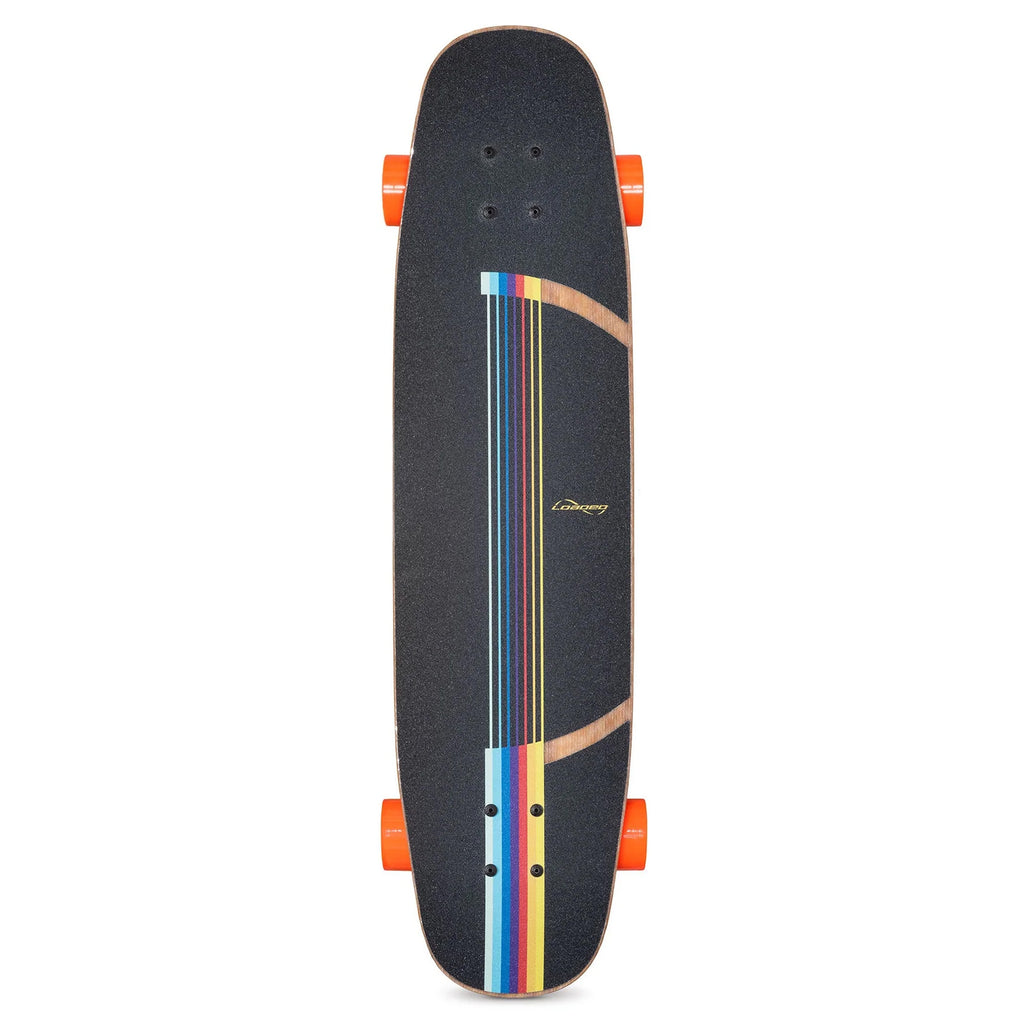 The LOADED CHINCHILLER 34" COMPLETE by Loaded, featuring a black grip tape surface with vibrant stripes and orange wheels, viewed from above. Perfect for urban commuting.