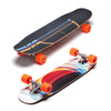 Two skateboards are displayed, one showing the black griptape side with colorful stripes, and the other featuring the vibrant geometric design of a LOADED CHINCHILLER 34" COMPLETE mini longboard with orange wheels, perfect for urban commuting.