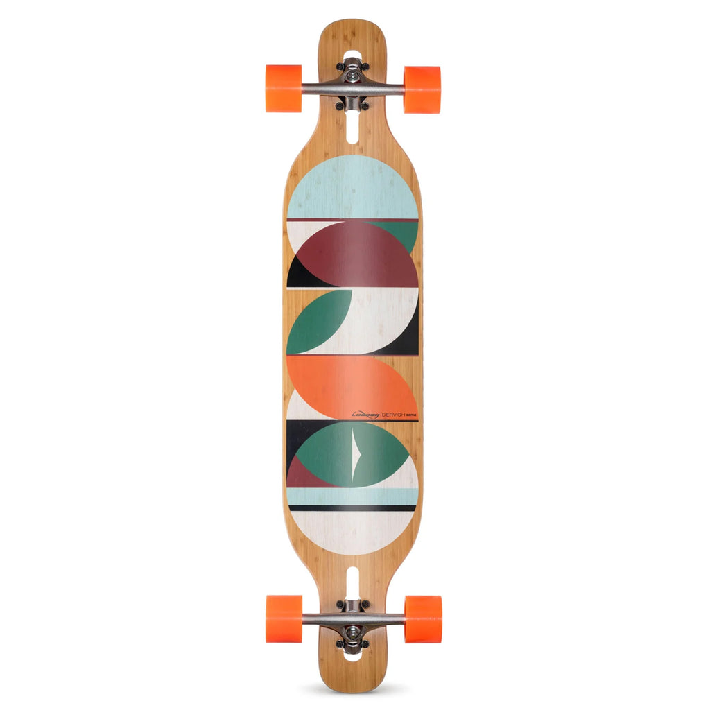 The LOADED DERVISH SAMA FLEX 2 42.8" COMPLETE by Loaded is a carving and pumping board that boasts an abstract geometric design on its deck, showcasing circular shapes in teal, white, red, and black, and it comes equipped with orange wheels.