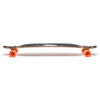 A LOADED DERVISH SAMA FLEX 2 42.8" COMPLETE longboard skateboard from Loaded, with an elevated center and orange wheels, viewed from the side, showcases ideal specs for a carving and pumping board.