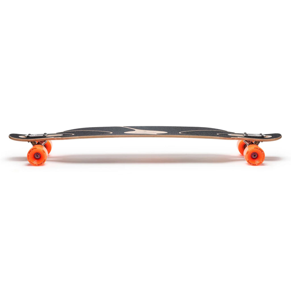 A LOADED DERVISH SAMA FLEX 2 42.8" COMPLETE longboard skateboard from Loaded, with an elevated center and orange wheels, viewed from the side, showcases ideal specs for a carving and pumping board.