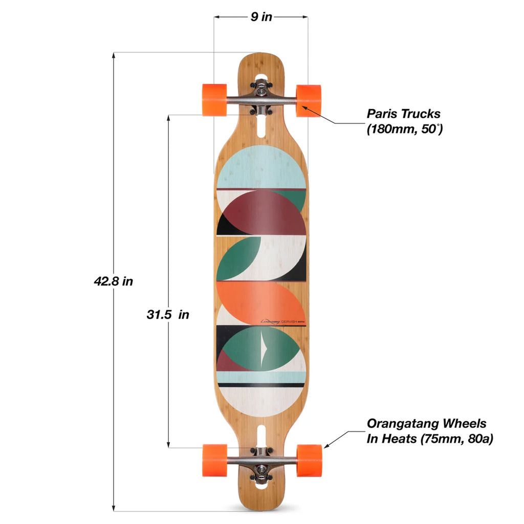 Top view of the LOADED DERVISH SAMA FLEX 2 42.8" COMPLETE with labeled measurements: 42.8 inches in length, 9 inches in width, and a 31.5-inch wheelbase, featuring Paris Trucks (180mm, 50°) and Orangatang In Heat Wheels (75mm, 80a). This Loaded longboard is perfectly designed for carving and pumping, providing precise longboard specifications for optimal performance.