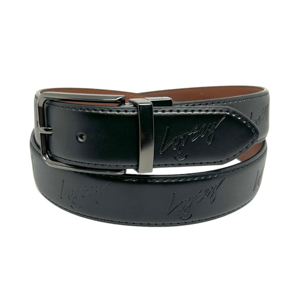A Loosey 2 and 1 belt brown/black with a silver buckle made of luxury leather.