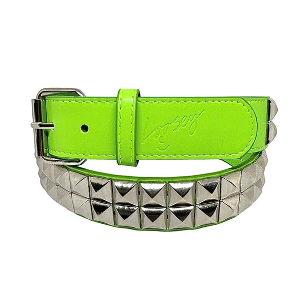 A LOOSEY belt with silver studding on a lime green background.