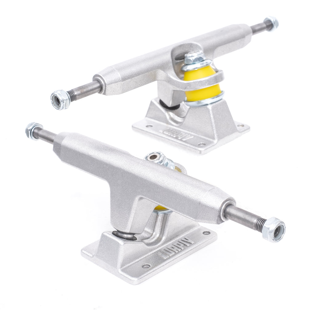 A set of heat-treated aluminum alloy skateboard trucks, includes yellow bushings and has the brand name "LURPIV" engraved on the baseplate, known as LURPIV HOLLOW POLISHED 140MM (SET OF TWO).