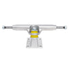 The LURPIV POLISHED 140MM (SET OF TWO) skateboard truck, by LURPIV, is a silver truck featuring yellow parts and crafted from heat-treated aluminum alloy, mounted on a sturdy baseplate.