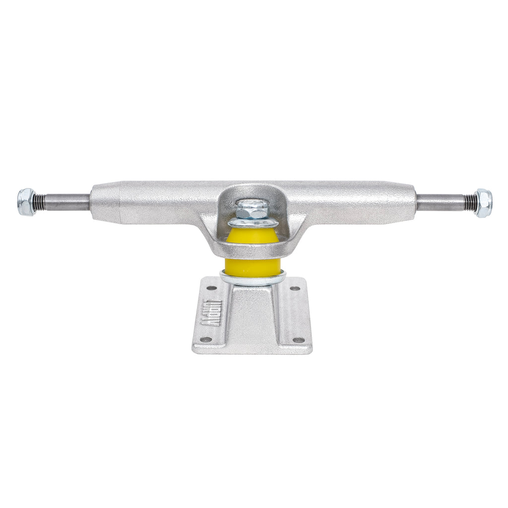 The LURPIV POLISHED 140MM (SET OF TWO) skateboard truck, by LURPIV, is a silver truck featuring yellow parts and crafted from heat-treated aluminum alloy, mounted on a sturdy baseplate.