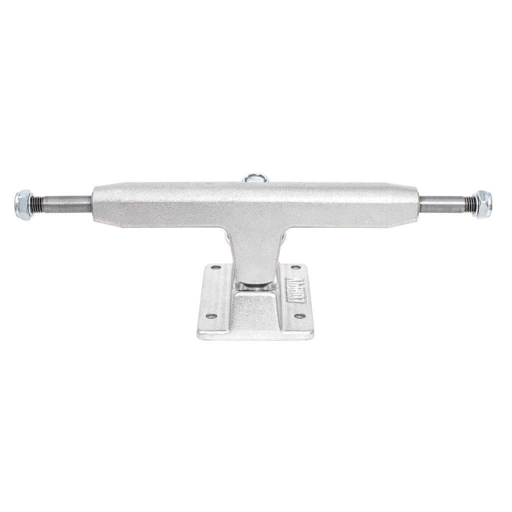 The LURPIV POLISHED 140MM skateboard truck, made from heat-treated aluminum alloy and featuring a raw finish, showcases its axle, kingpin, and baseplate. It is viewed from the front on a white background. This set includes two trucks from the brand LURPIV.