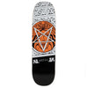 A skateboard deck with an orange image of medusa's head covered by an upside down star.