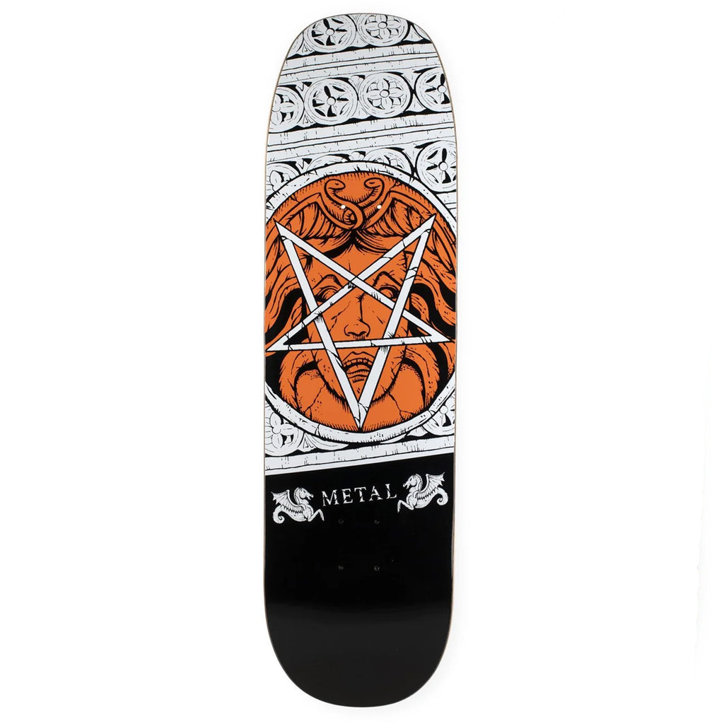 A skateboard deck with an orange image of medusa's head covered by an upside down star.