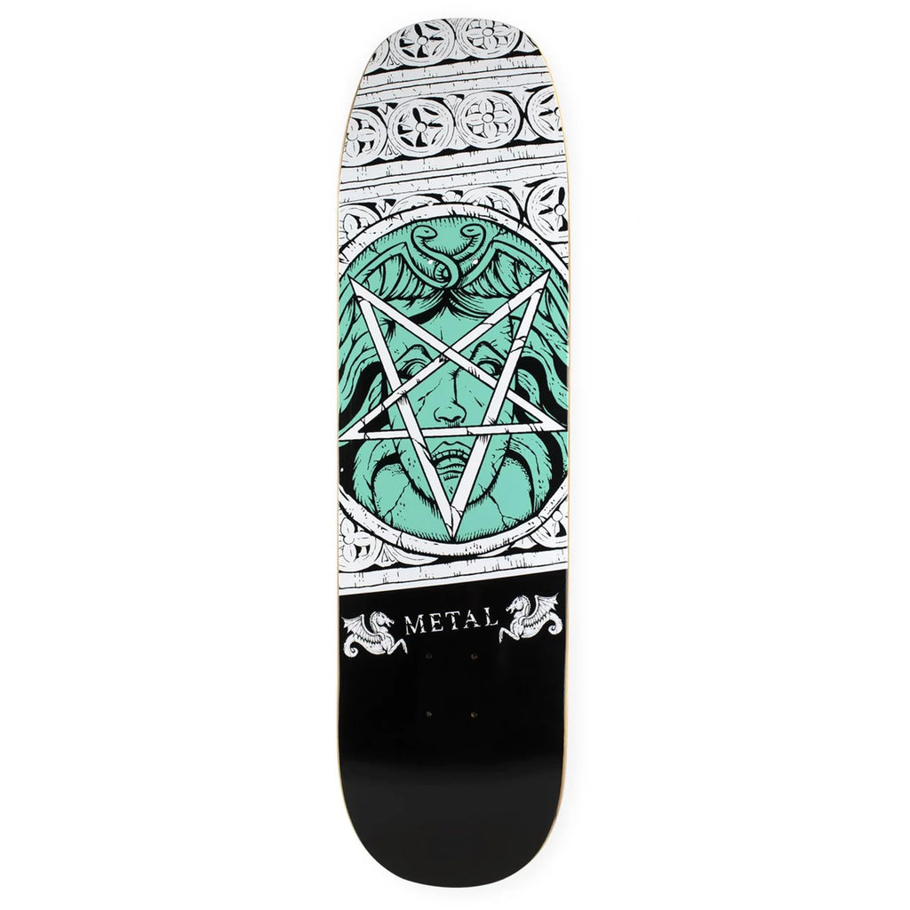 A skateboard deck with a teal picture of medusa head covered by an upside down star.