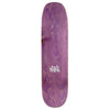 The top purple stain of a skateboard deck with the metal logo printed in white.