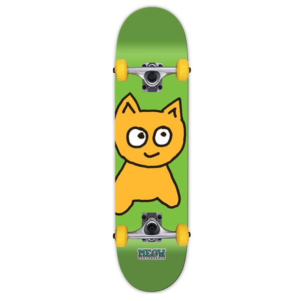 A green skateboard complete with trucks and yellow wheels, and an image of a big yellow cat drawing.