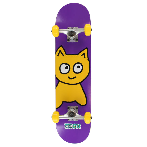 A MEOW BIG CAT COMPLETE PURPLE skateboard with a yellow cat on it.