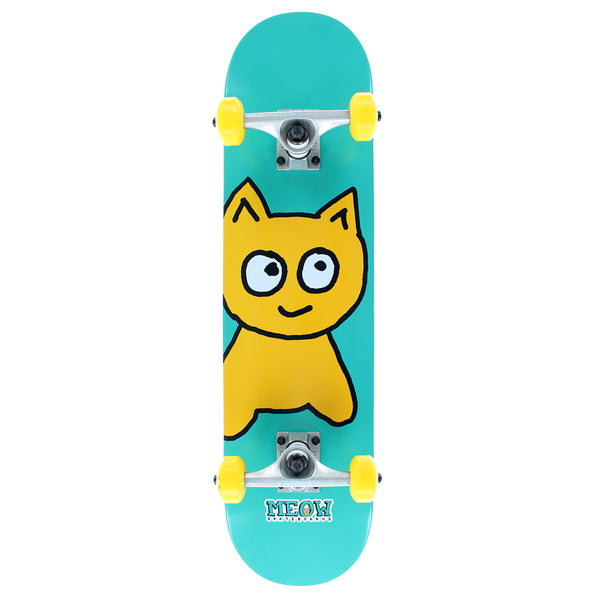 A MEOW BIG CAT COMPLETE TEAL skateboard with a cartoon cat on it.