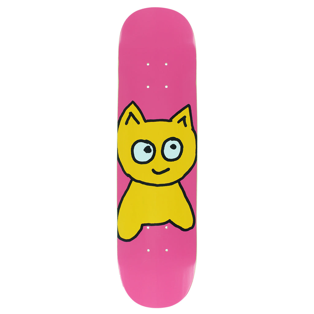 A MEOW BIG CAT PINK skateboard with a yellow cat on it.