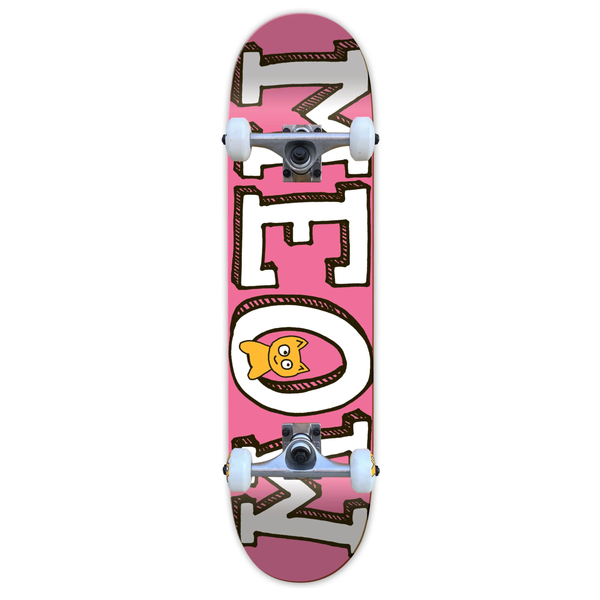 A pink skateboard with trucks and white wheels that has the MEOW logo across it.