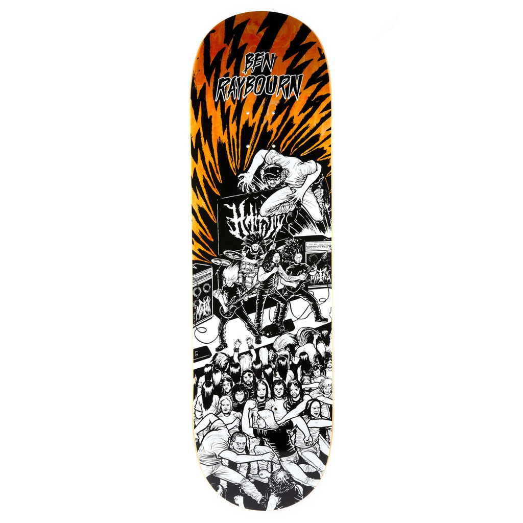 A METAL skateboard with a black and orange design on it.