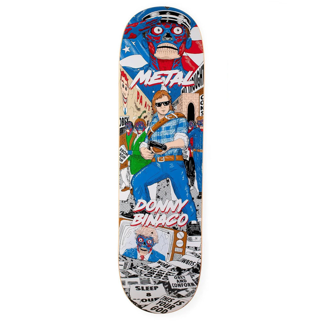 A skateboard deck with an animated drawing of a scene from the movie 'they live'>