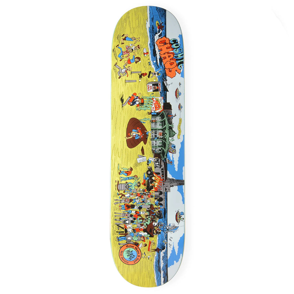 A METAL skateboard with a picture of people on it.
