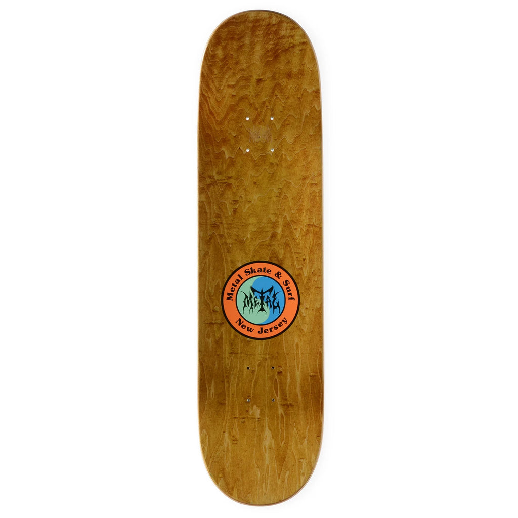 A METAL skateboard with a logo on it