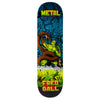 A METAL skateboard with a picture of a creature on it named METAL GALL SWAMP THING.