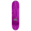 A purple METAL skateboard with writing on it.