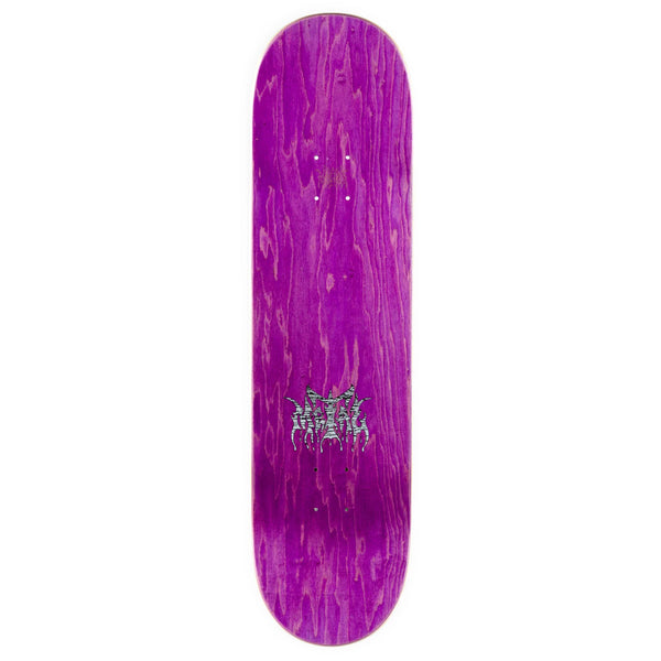 A purple METAL skateboard with writing on it.