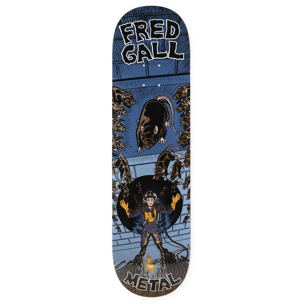 A skateboard deck with an image of a person being attacked by powerful mice.