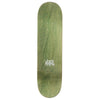 A green stained skateboard deck with a white metal logo on it.