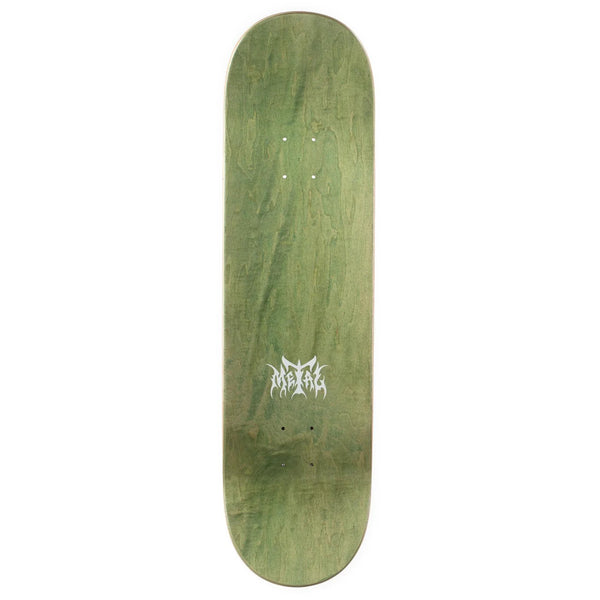 A green stained skateboard deck with a white metal logo on it.