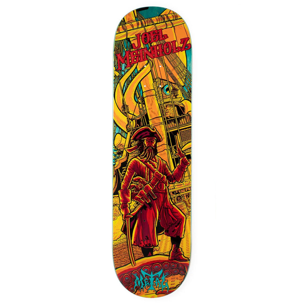 A skateboard deck with an image of a pirate on a ship.