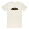 A METAL cream t-shirt with a yellow and black moth on it.