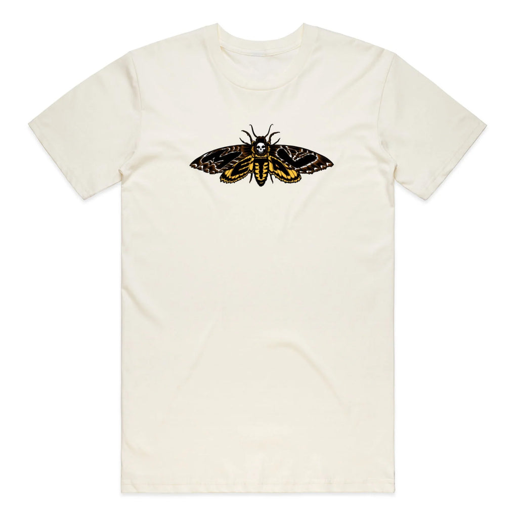 A METAL cream t-shirt with a yellow and black moth on it.