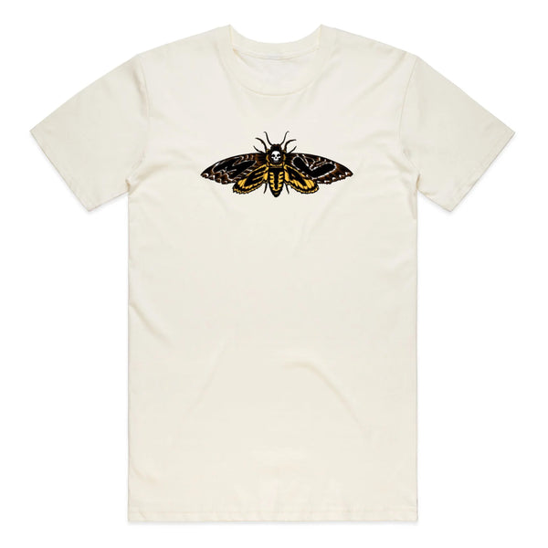 A METAL cream t-shirt with a yellow and black moth on it.